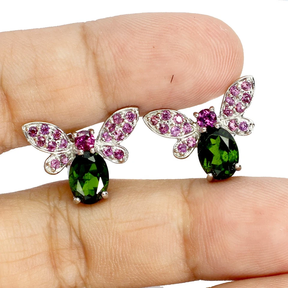 925 Sterling Silver Earrings Oval Chrome Diopside Rhodolite Gemstone Bee Jewelry - Image 2 of 4