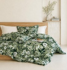 Floral Duvet Cover King Size 3pcs, 100 Natural Cotton Green Botanical Leaf
