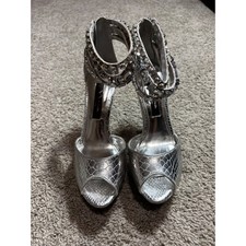 Nina New York Stevi-YY Silver Snakeskin Crystal Ankle Strap Peep Toe Heels