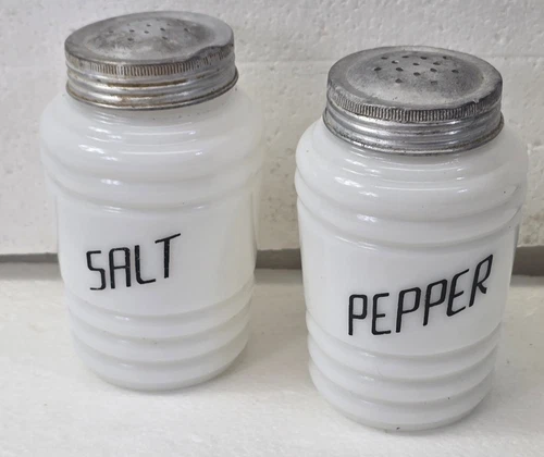 Vintage Milk Glass SALT & PEPPER Set with Lids 1950's Needs Cleanning 5 1/2"