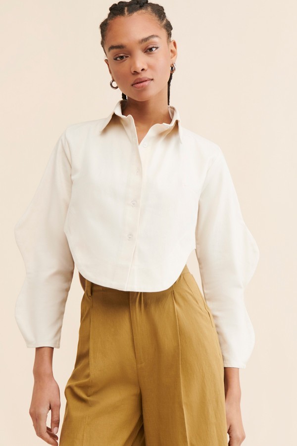 Selfi Two Wave Shirt Cropped Button Down Asymmetrical 100% Cotton, Size S