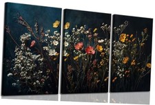 3Pcs Dark Dried Wildflowers Wall Art Moody Floral Wall 16x24in Canvas Canvas