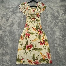 Two Palms Made In Hawaii Hawaiian Hibiscus Orchid Print M Dress Beige Floral
