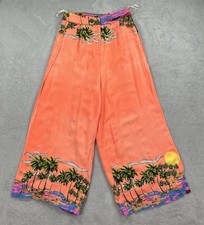 FARM Rio Wide Leg Pants Women S Orange Tropical Sunset Palm Tree High Slit Boho