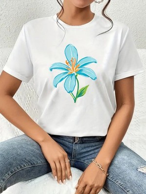 Women Creative Floral Graphic T-Shirt Elegant Flower Casual Crew Neck Tee Top)
