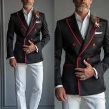 Spring Men's Solid Black Suit Double Breasted Jacket Pant for Formal Occations