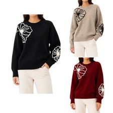 FIL Women's Floral Applique Knit Jumper Soft Wool Blend Winter Sweater Pullover