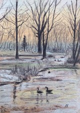 Disegno invernale paesaggio pastello originale nuovo direttamente dall'artista