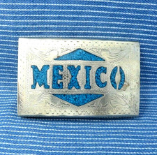 Mexico Dress Belt Buckle Southwestern Scroll Turquoise Inlay Vtg Alpaca .CVB638