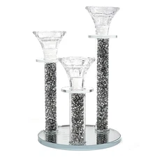 Allgala 9" 3-Pillar Crystal Candlesticks with Mirror Base, Silver