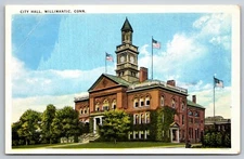 1914 Posted City Hall Willimantic Connecticut White Border Postcard