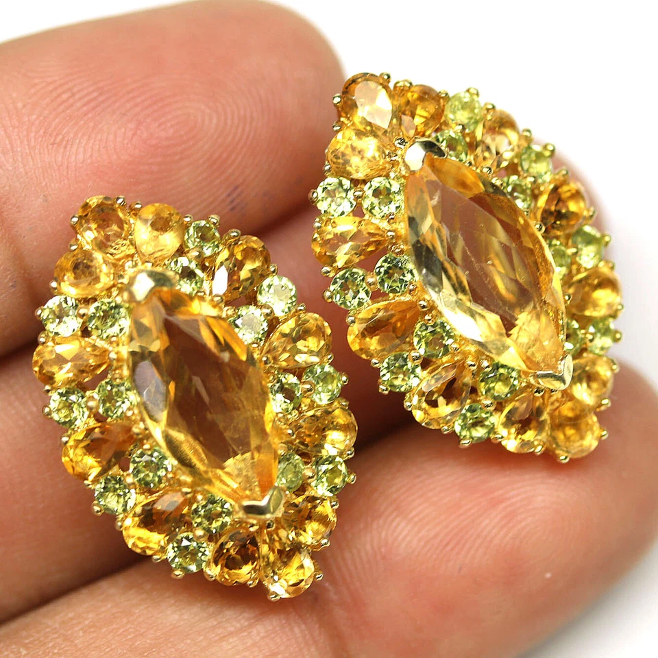 Edelstein 8 X 16 Mm. Gelber Citrin & Grüner Peridot Ohrringe 925 Silber 18K Gold - Bild 2 von 4