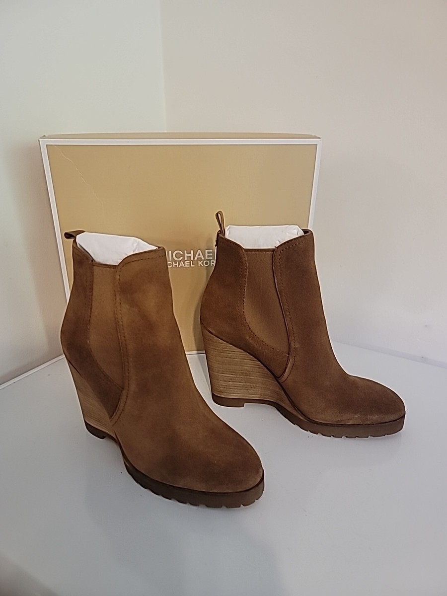 Michael Kors Size Thea Dark Caramel Wedge Suede Ankle Bootie