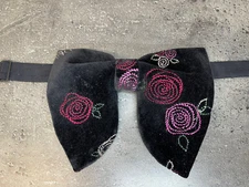 Oversized Black Embroidered Velvet Bow tie Vintage style 70`s Wedding Prom