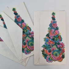 VTG Set 4 MCM 60's Norcross Christmas New Year Card Tree Flower Power Doodle USA