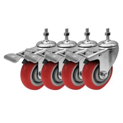 FACTORDUTY 4 Pack 4 Inch Stem Caster Swivel with Front Brake Red Polyurethane Caster Wheels