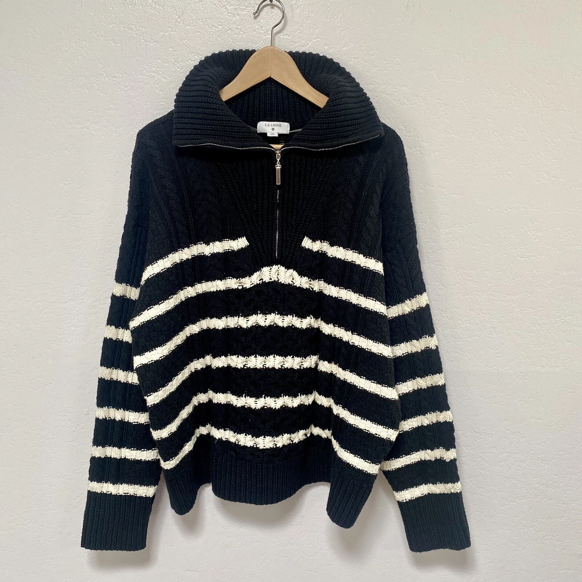 La Ligne x Target Sweater Black Quarter Zip Striped Cable Knit Size 1X |  eBay