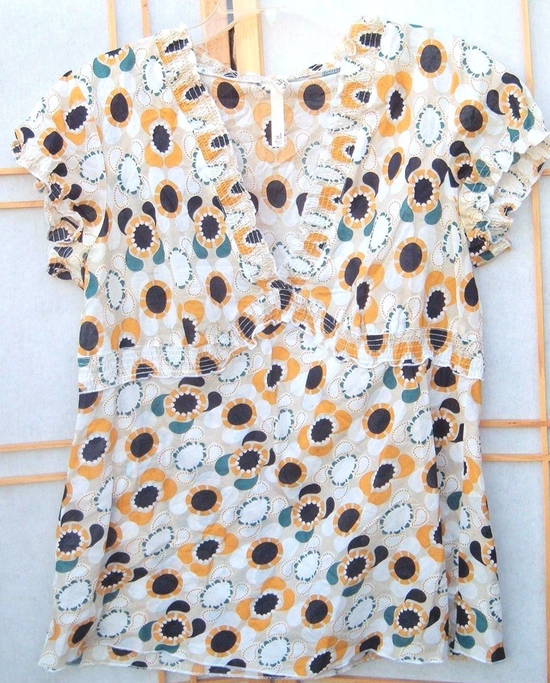 Blusa Campesina Vintage Top Años 90 Amarillo y Azul Floral Azul Ancla Boho JR Retro Foto 4 de 4