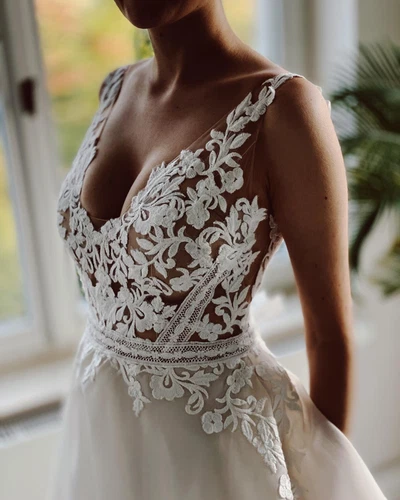 Boho Chiffon Brautkleid Hochzeitskleid Illusion Spitze Korsage m.Träger Summer - Bild 6 von 8