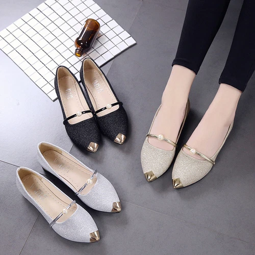 Vintage Fashion Women Pointed Toe Bling Single Shoes Casual Low Heel Flat Shoes - Bild 3 von 18