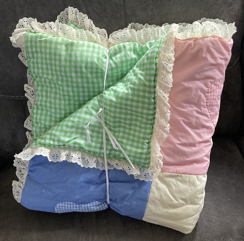 Handmade Baby Quilt Crib Blanket Multi Color/Green Check 37”x 37” Hearts Animals