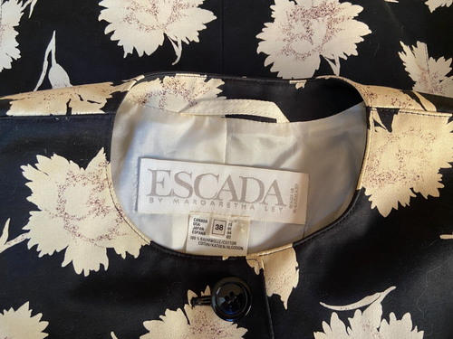 ESCADA VINTAGE PEPLUM COTTON BLAZER IN BLACK FLORAL PRINT IN WHITE 38 WEST GERMA - Picture 2 of 12