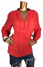 Counterparts L Top NWT $48 Red Low V Cut Blouse Sheer 1/2 Button Up Blouse Shirt