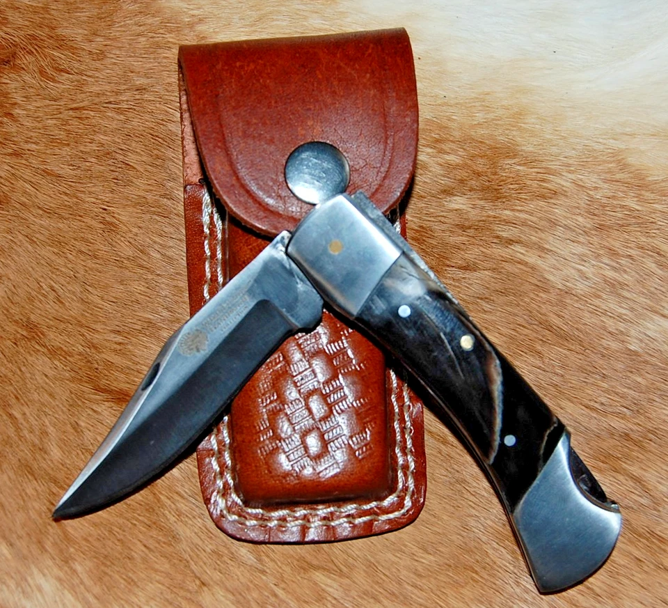 Cuchillo Plegable Clásico Medio de 7" con Funda de Cuero - Manijas de Cuerno Foto 3 de 4