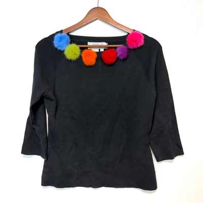 #ad Vtg Euro X Black Knit Top Womens L Colorful Pom Pom Neckline 3 4 Sleeve Stretch $16.99
