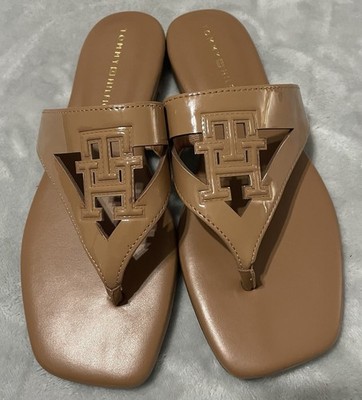 Tommy Hilfiger Leather Logo Slip-On Flat Sandal Brown Women US 6 M