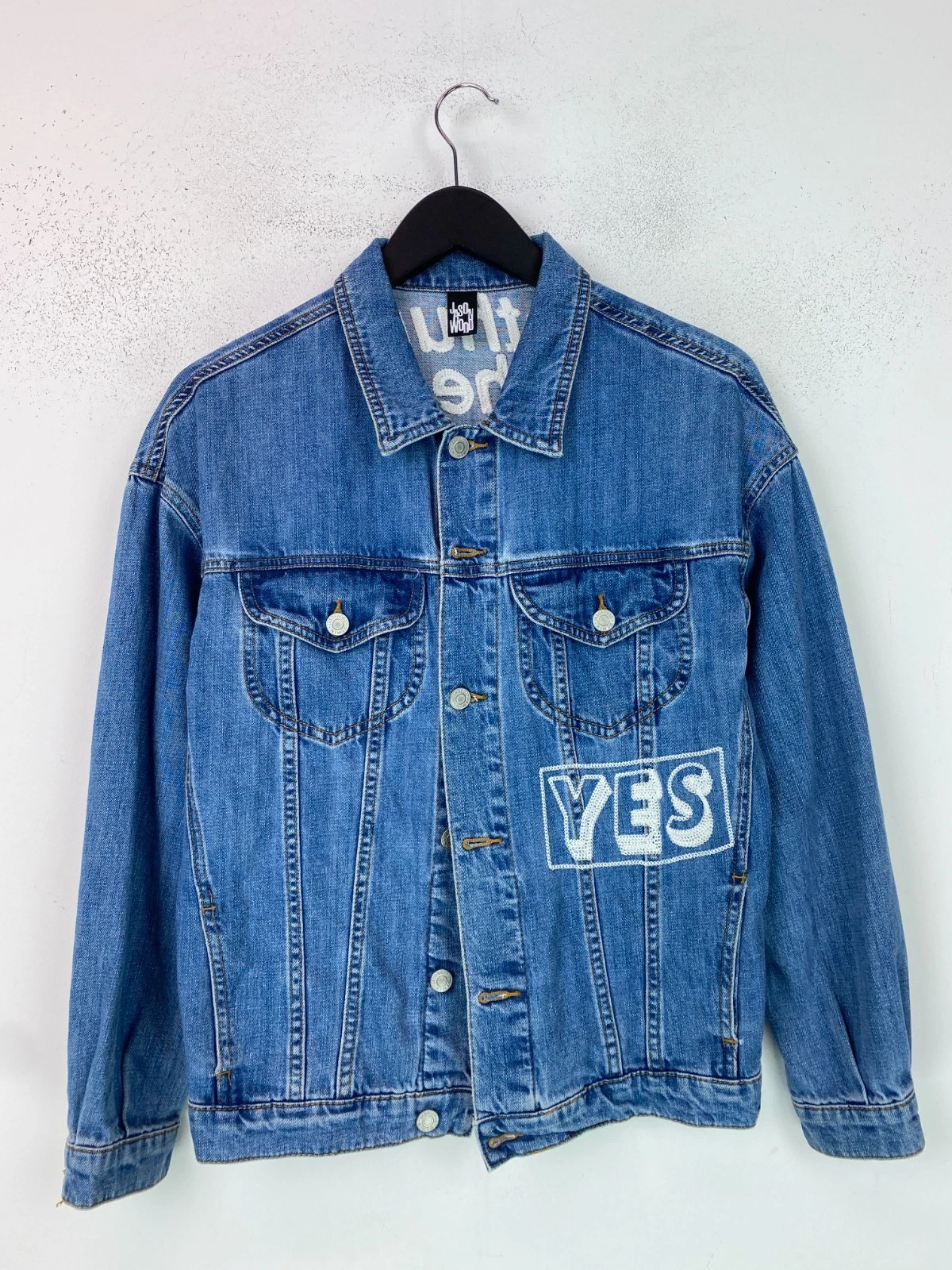 Jasonwood Blue Denim Jacket Graphic Embroidery Button Fasten Statement Casual S