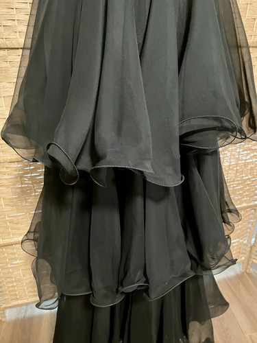 VTG 60s Black Sequin Maxi Dress Gown Velvet Waist Lettuce Hem Tiered Ruffle Med - Picture 9 of 22