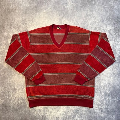 Vintage Expressions Velour Striped V-Neck Pullover Sweater Mens XL Red Burgundy