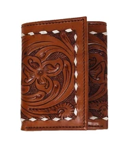 Men's Western Floral Tooled Buckstitch Handcrafted Leather Tri-Fold Wallet