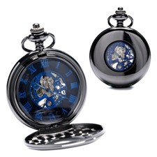 Mens Vintage Mechanical Pocket Watch Smooth Black Hand Wind Pendant Fob Chain