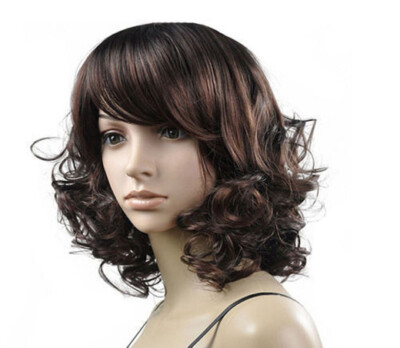 Hot Sell Fashion Medium Long Dark Brown Wavy Curly Women Hair Wig