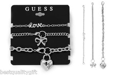 GUESS SET OF 3 STRAND SILVER TONE CHARM CHAIN BRACELET+RHINESTONE LOGO HEART