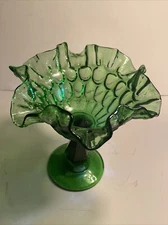 Vintage Fenton Avocado Green Ruffled Thumbprint Compote Dish 6” X 6”