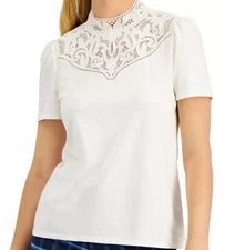Charter Club Lace-Inset High Neck Stretch Knit Puffed Sleeve  Top Cloud Ivory