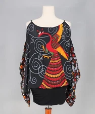 VOOM By Joy Han Silk Cold Shoulder Tunic Top in Peacock Print Size S
