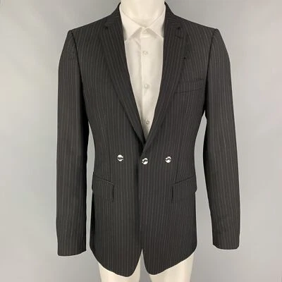BURBERRY Veste De Costume Sport Taille 40 Laine Coton Rayée Noir Gris - Photo 1/4