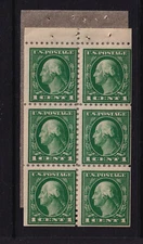 1914 Washington Sc 424d 1c green MNH booklet pane of 6 fresh from booklet (F