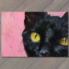 Art Print Black Cat Yellow Eyes Pink Pet Background Painting Cute Fun Feline