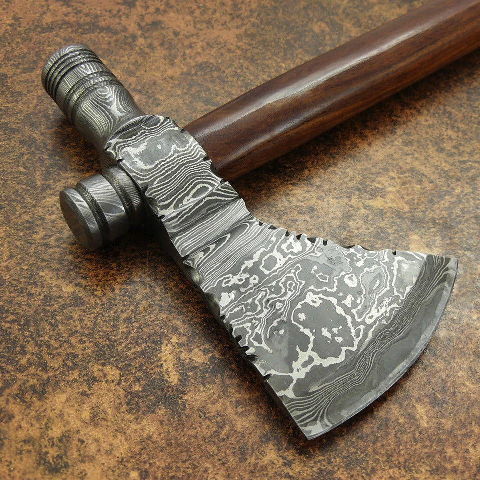 CUSTOM HANDMADE RARE PIPE TOMAHAWK AXE HATCHET DAMASCUS STEEL WITH ARC SHEATH - Image 3 of 4