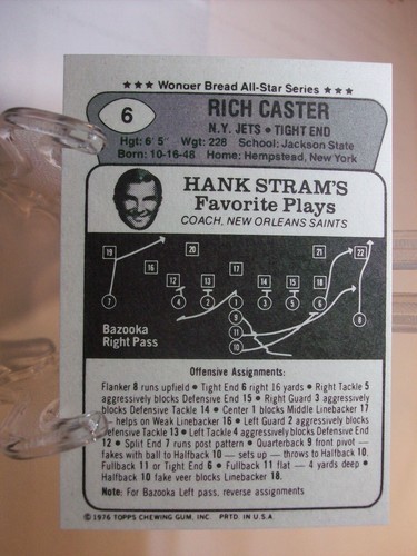1976 Topps Wonder Bread Football Card #6 Richard Caster (10751) - Picture 2 of 2