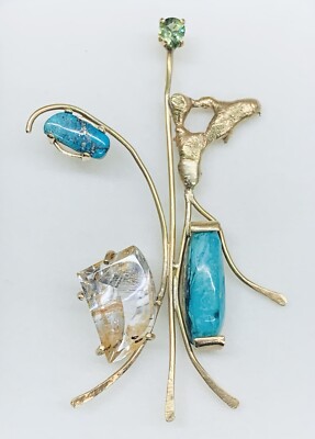 Vintage Native Navajo 14k Yellow Gold Turquoise Rutilated Quartz Peridot Pendant