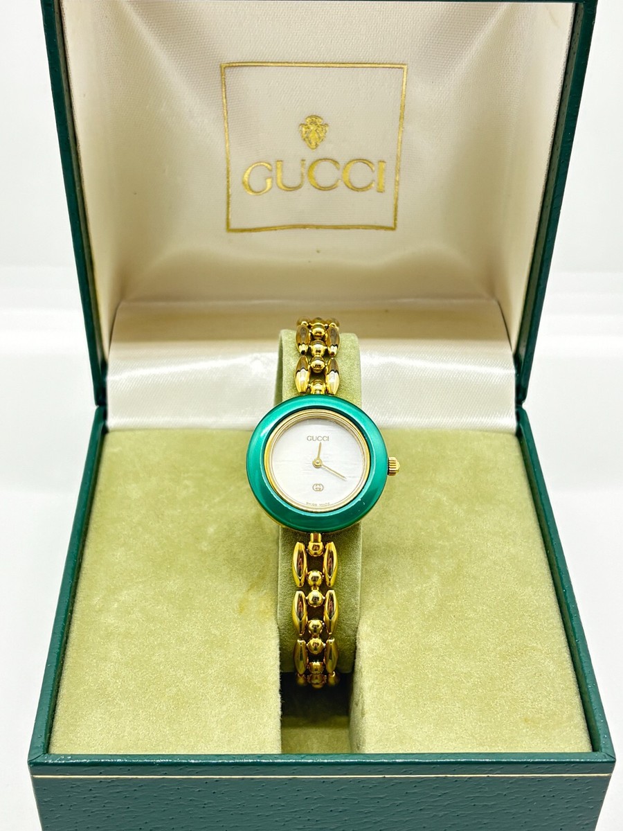Exc+5] GUCCI 11/12 Change Bezel Watch Green Gold Tone Quartz Used