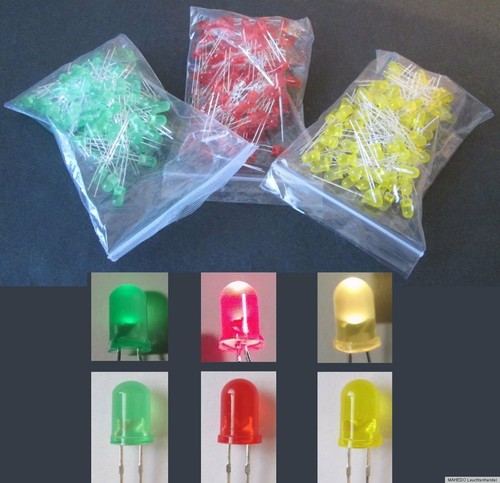 Set 100 LED LEDs Leuchtdiode Einbau Lampe 5mm rund grün rot gelb diffus ...