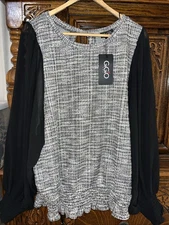 NWT Gigio Size Large Tweed And Chiffon Blouse Long Sleeves Black Gray