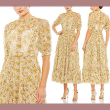 NEW Mac Duggal [ 12 ] 80111 Mesh Puff Sleeve Floral Print Dress Yellow #S2023
